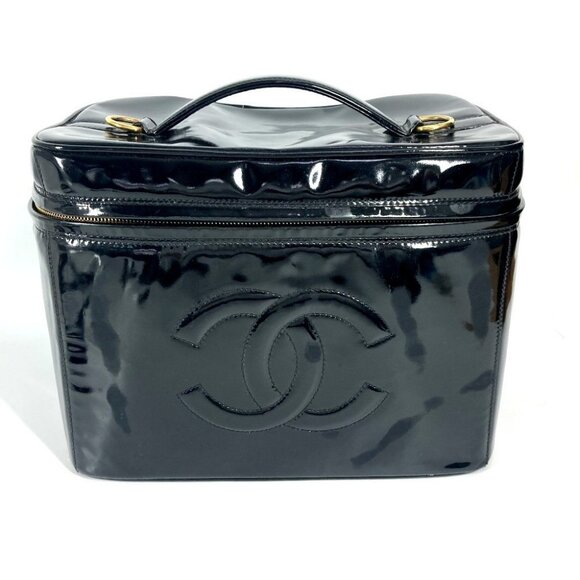 CHANEL vintage CC Vanity Bag 2WAY Shoulder Bag Hand Bag Patent Leather Black - Picture 1 of 13
